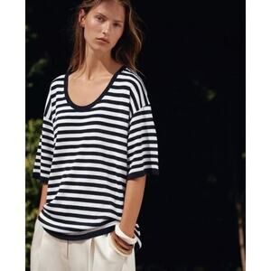 Zara French Striped Scoop Neck Short Sleeve Oversized Linen Blend Tee Size Small